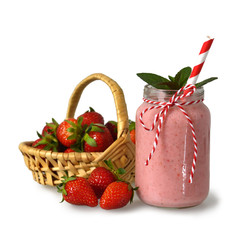 Wall Mural - Strawberry yogurt and fresh strawberries isolated on white background