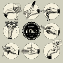 Set Of Round Icons In Vintage Engraving Style With Hands And Accessories