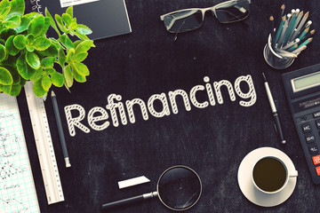 Poster - Refinancing Handwritten on Black Chalkboard. 3D Rendering.