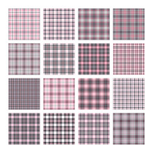 Set Of 16 Tartan Seamless Vector Patterns. Checkered Plaid Texture. Geometrical Square Background For Fabric