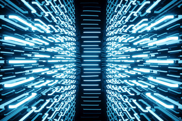 Poster - 3D rendering blue-tint Illuminated corridor with blue neon light. Elegant futuristic neon light on wall.