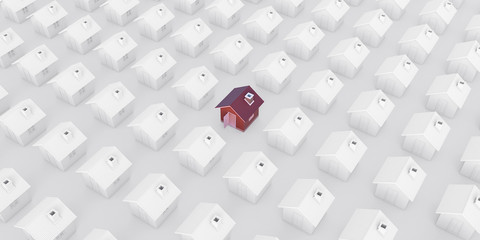 Fototapete - Red house in real estate property image and housing development or community. Isolated on white background with clipping path. House 3d render.