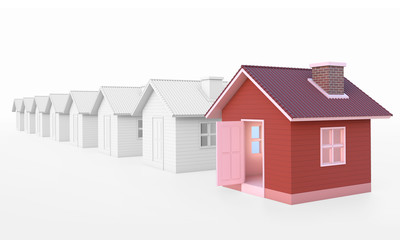 Fototapete - Red house in real estate property image and housing development or community. Isolated on white background with clipping path. House 3d render.