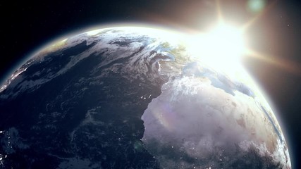 Wall Mural - highly detailed realistic epic sunrise over planet earth. europe night city skyline view from space.
