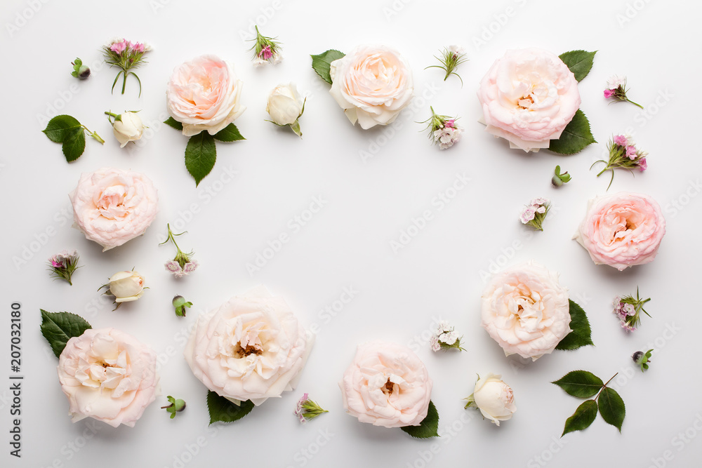 Floral frame made of pink roses and green leaves on white background ...