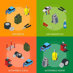 Poster - Car Auto Service Banner Card Set Isometric View. Vector