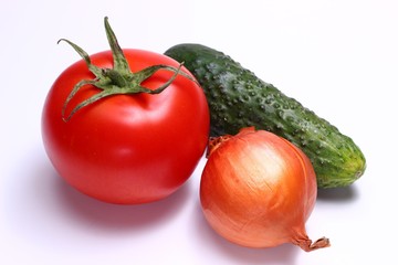 Poster - Onion, cucumber, tomato on a white background