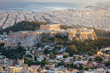 Fototapete - Die Akropolis und der Parthenon Tempel von Athen, Griechenland bei Sonnenuntergang