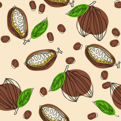 Wall Mural - Hand draw seamless pattern with cacao beans. Cacao beans background. Vector illustration