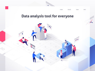 Fototapete - People in a team build a time schedule and interact with graphs. Landing page template. 3d isometric illustration
