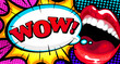 © innakos - Sexy open female mouth and WOW Message in pop art style, promotional background, presentation poster. Flat design, illustration. Vector background in comic retro pop art style.
