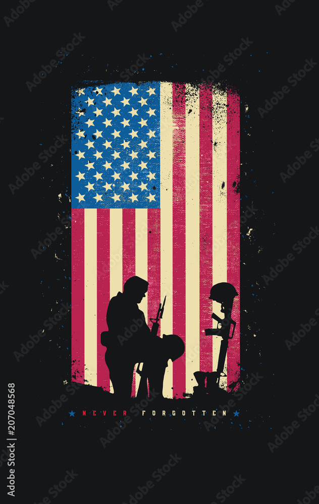 Never Forgotten Memorial Day Fallen Soldier Silhouette American Flag Freedom Fourth of July September 11 4th of July  Independence Day 9/11 - obrazy, fototapety, plakaty 