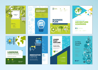 Wall Mural - Set of brochure design templates on the subject of education, school, online learning. Vector illustrations for flyer layout, marketing material, annual report cover, presentation template.