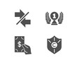 © blankstock - Set of Laureate award, Synchronize and Receive money icons. Ð¡opyright protection sign. Prize, Communication arrows, Cash payment. Shield.  Quality design elements. Classic style. Vector