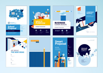 Set of brochure design templates on the subject of education, school, online learning. Vector illustrations for flyer layout, marketing material, annual report cover, presentation template.
