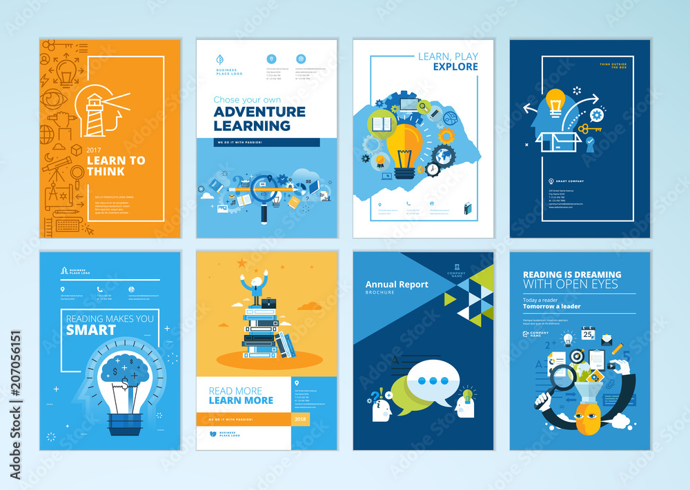 Set of brochure design templates on the subject of education, school, online learning. Vector illustrations for flyer layout, marketing material, annual report cover, presentation template. - obrazy, fototapety, plakaty 
