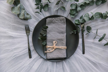 Sticker - Flat lay table setting with linen napkin. Rustic shabby chic decorations