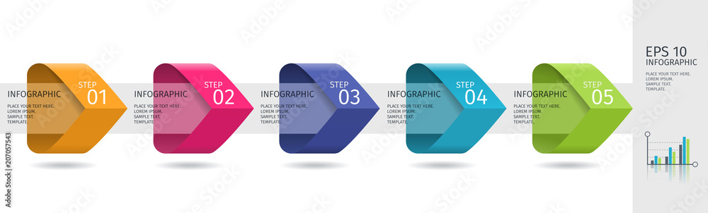 Infographic arrows with 5 step up options and glass elements. Vector template in flat design style - obrazy, fototapety, plakaty 