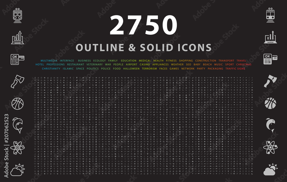 Set of 2750 Outline and Solid Icons on Black Background . Vector Isolated Elements  - obrazy, fototapety, plakaty 