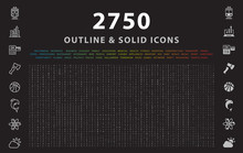 Set Of 2750 Outline And Solid Icons On Black Background . Vector Isolated Elements 
