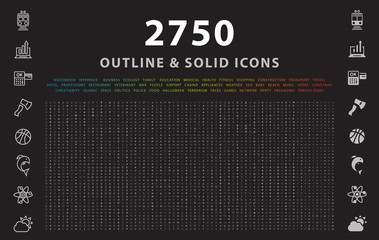 set of 2750 outline and solid icons on black background . vector isolated elements