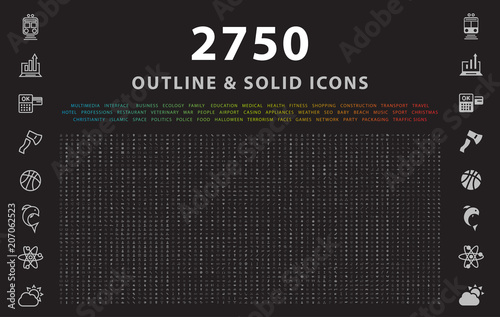 Fotografía Set of 2750 Outline and Solid Icons on Black Background