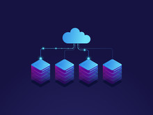 Server Room, Cloud Storage Icon, Datacenter And Database Concept, Data Exchange Process Isometric