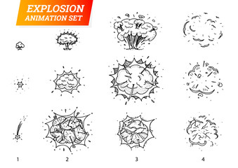 Poster - Explosions icons set on white background. Cartoon comic boom effects for emotion. Vector style. Bang burst explode flash bubble dynamite with smoke. Animation frame for game. Process steps. Hand drawn