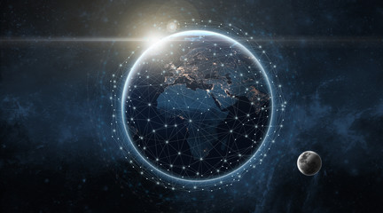 Wall Mural - global communication network concept network dots surrounding planet earth with focus on america. in