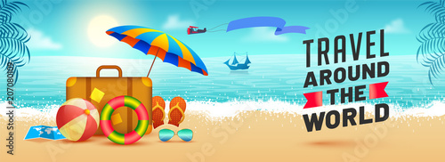 Travel Around The World Web Banner Design With Travelling Bag