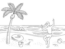 Sea Coast Beach Graphic Black White Landscape Happy Jumping Boy Sketch Illustration Vector