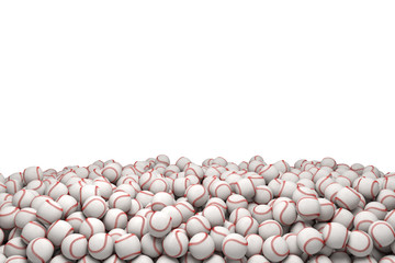 Wall Mural - 3d rendering of a huge heap of white baseballs with red stitching on a white background.