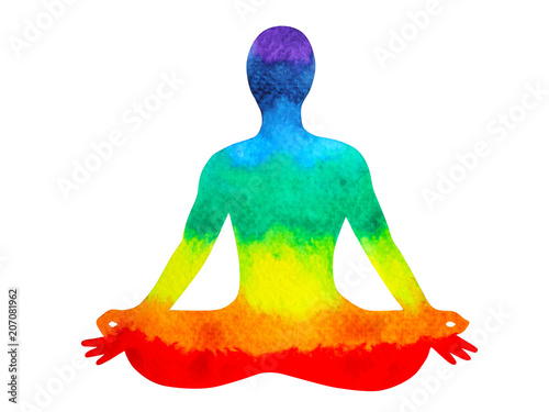 Fotografia  7 color chakra human lotus pose yoga, abstract world, universe inside your mind
