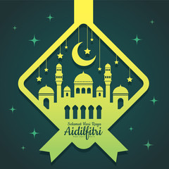 Wall Mural - Hari Raya Aidilfitri greeting template. Vector mosque with crescent moon & stars in ketupat shape of paper cut style. (translation: Happy Fasting Day)