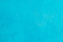 Cyan Scratched Background. Distressed Blue Stucco Plaster Texture Decor. Free Space Concept