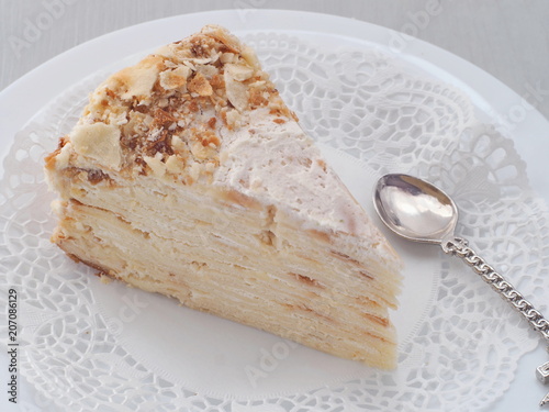 Portion Of Multi Layered Cake Upon White Plate Puff Pastry Cake