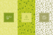 Vector Packaging Design Elements And Templates For Olive Oil Labels And Bottles - Seamless Patterns