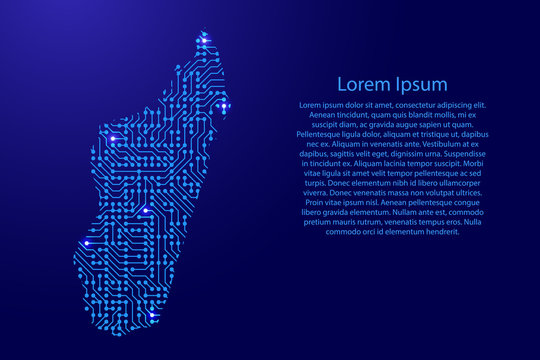 Map Madagascar from printed board, chip and radio component with blue star space on the contour for banner, poster, greeting card. Computer electronics processor motherboard. Vector illustration.