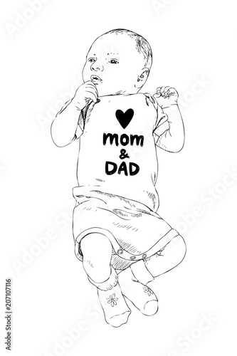 Sketch Of Happy Baby Hand Drawn Vector Line Art Illustration Isolated On White Background Newborn In A Coverall With An Inscription Love Mom And Dad Family Concept Kids Concept Stock Vector