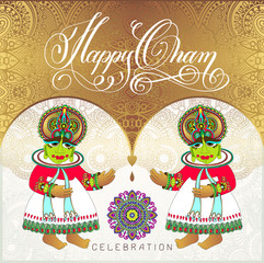 Canvas Print - Happy Onam golden greeting card design with two traditional indi