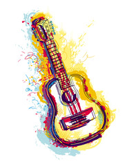 Wall Mural - Guitar with grunge watercolor splashes. Isolated object on white background. Design concept for card, t-shirt, invitation, print, poster, tattoo. Vector illustration