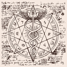 Vector Banner With A Hand Drawn Illustration Of A Caduceus With An Octagonal Star. The Staff Of Hermes With Two Snakes With Wings Against The Background Of An Old Illegible Manuscript. Medical Symbol