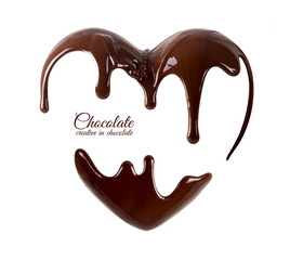 chocolate in the form of heart. melted chocolate syrup on white background. liquid chocolate on a wh