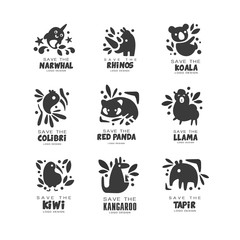 Poster - Save wild animal logo design set, protection of narwhal, rhinos, koala, colibri, panala, lama, kangaroo, tapir, kiwi, black and white sign vector Illustrations on a white background