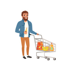 Poster - Bearded man pushing shopping cart with groceries. Cartoon character of young guy at supermarket. Flat vector design