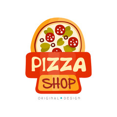 Sticker - Pizza shop logo design template, label of pizza restaurant or pizzeria menu vector Illustration on a white background