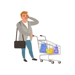 Wall Mural - Adult man standing with shopping cart and talking on phone. Cartoon character with mustache in cardigan and jeans. Flat vector design