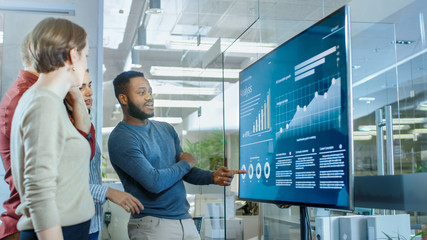 Poster - Diverse Team of Young Professionals in Conference Room Have Discussion about Statistics and Graphs Shown on a Presentation TV.