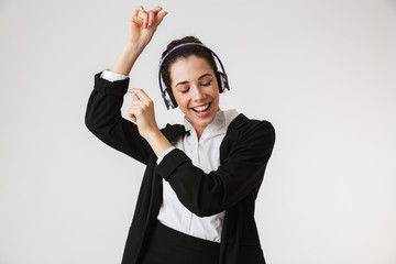 Poster - Excited emotional young business woman listening music