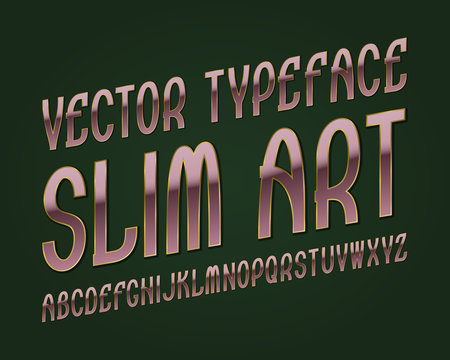 Slim Art Vector typeface. Pink golden font. Isolated english alphabet.